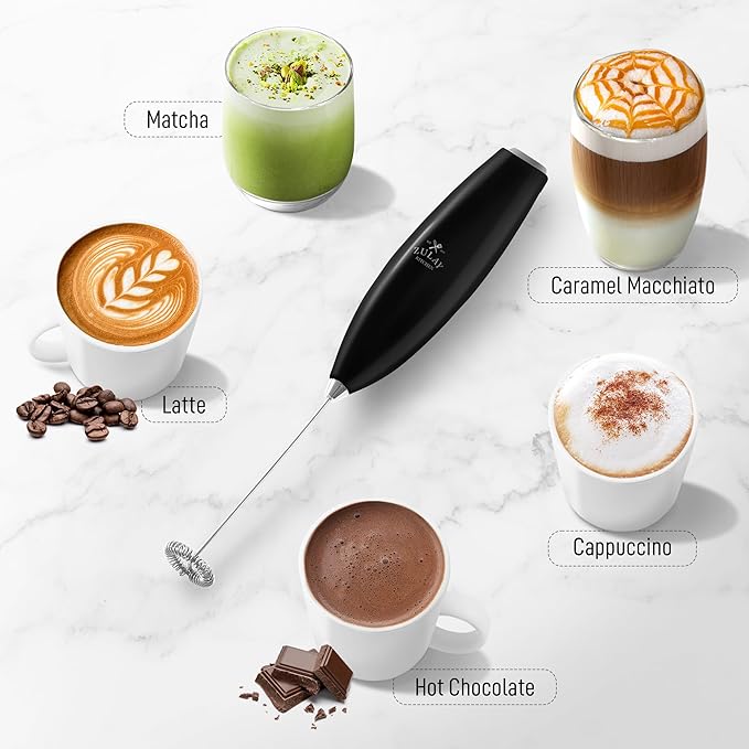 Zulay Kitchen Milk Frother Wand (2 Batteries Included) - Easy-Clean Drink Mixer - Electric Coffee Frother for Frappe, Matcha - Metallic Black
