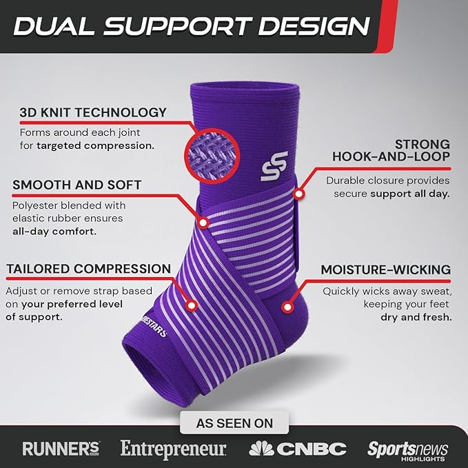 Sleeve Stars Ankle Brace for Women & Men, Ankle Wrap for Sprained Ankle, Compression Sleeve for Plantar Fasciitis Relief, Easy Customizable Support: w/Removable Strap (Single/S:9"-10"/Dark Purple)