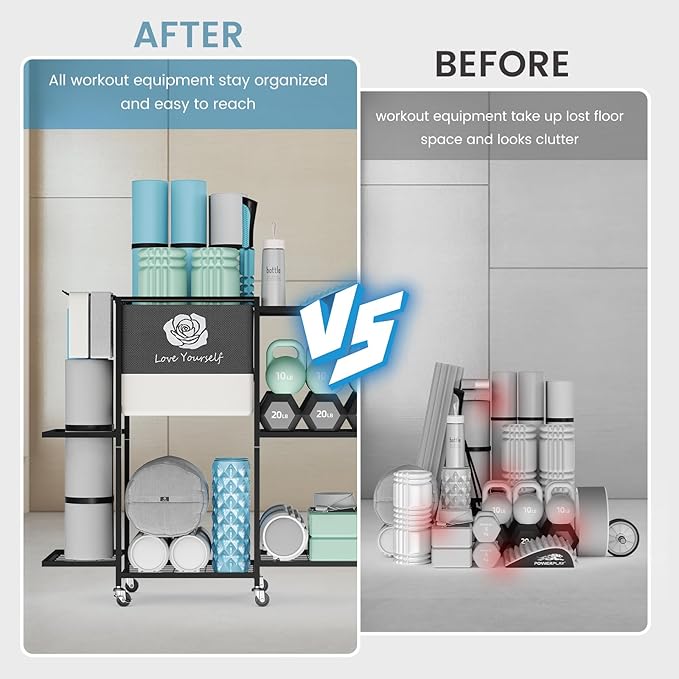 Yoga Mat Storage Rack,Home Gym Storage Rack Gym Workout Equipment Storage Organizer Fitness Weight Rack on Wheels for Yoga Mat,Yoga Block,Foam Roller,Resistance Band,Dumbbell,Kettlebell and Other Workout Accessories