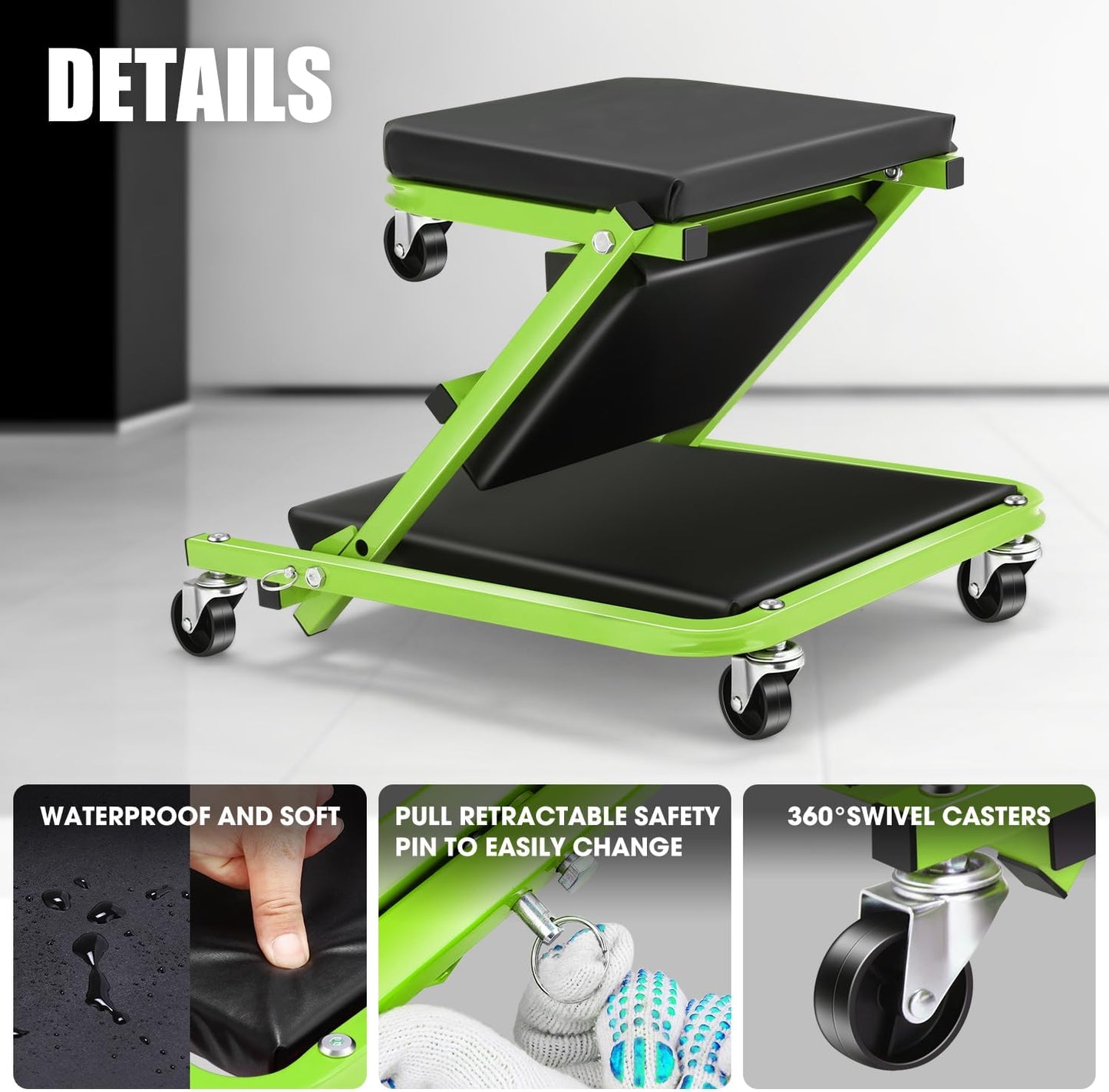 DNA MOTORING 36 Inches 2 IN 1 Rolling Folding Car Creeper/Seat, 6 Pcs 2" Casters, 150kg Weight Capacity, Green, TOOLS-00185-GR