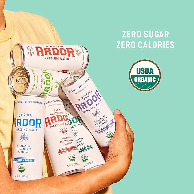 ARDOR ENERGY Sparkling Water with 100mg Natural Caffeine & 200mg L-Theanine from Organic Green Tea for Smooth Energy & Focus | Healthy Energy Drink | No Sugar, Zero Calories, Vegan, Gluten-Free | Cucumber Mint (Pack of 12, 12oz cans)