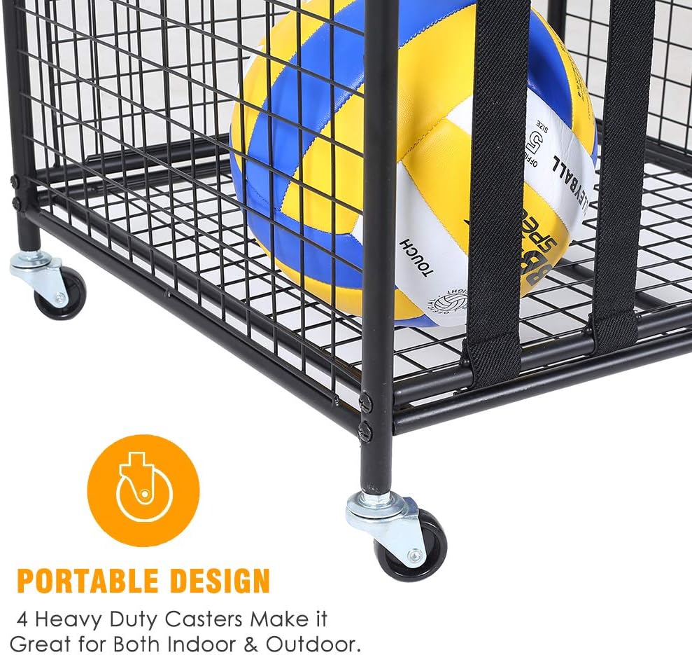 Snail Garage Sports Equipment Storage Organizer Sports Ball Storage Rolling Cart with Basket and Hooks Lockable Sports Ball Cage Storage Rack for Garages, Playgroup, Gym and Schools, Black