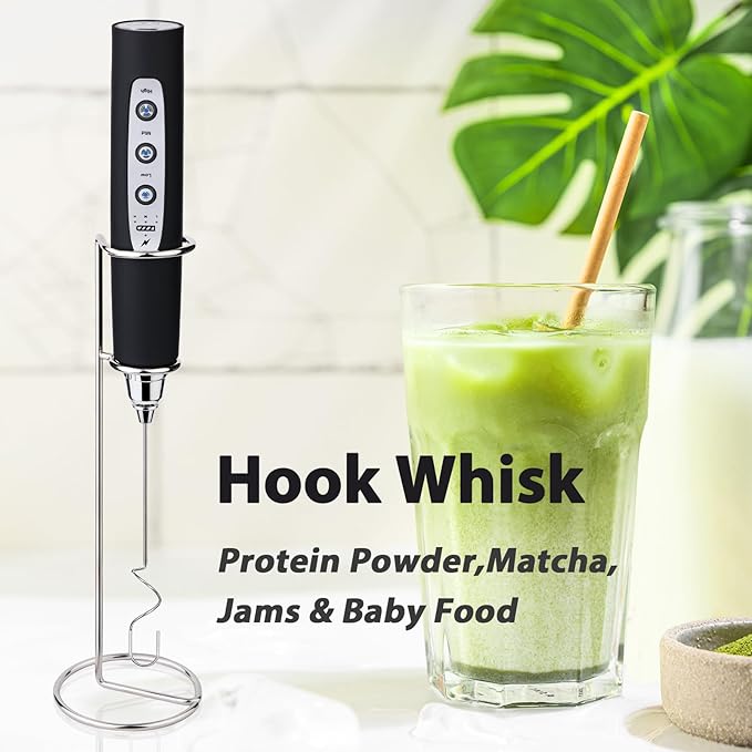 Milk Frother with Stand Rechargeable-Handheld Coffee Frother with 3 Stainless Whisks 3 Speed Adjustable, Electric Whisk Drink Mixer, Foam Maker Blender for Matcha Latte Cappuccino Chocolate