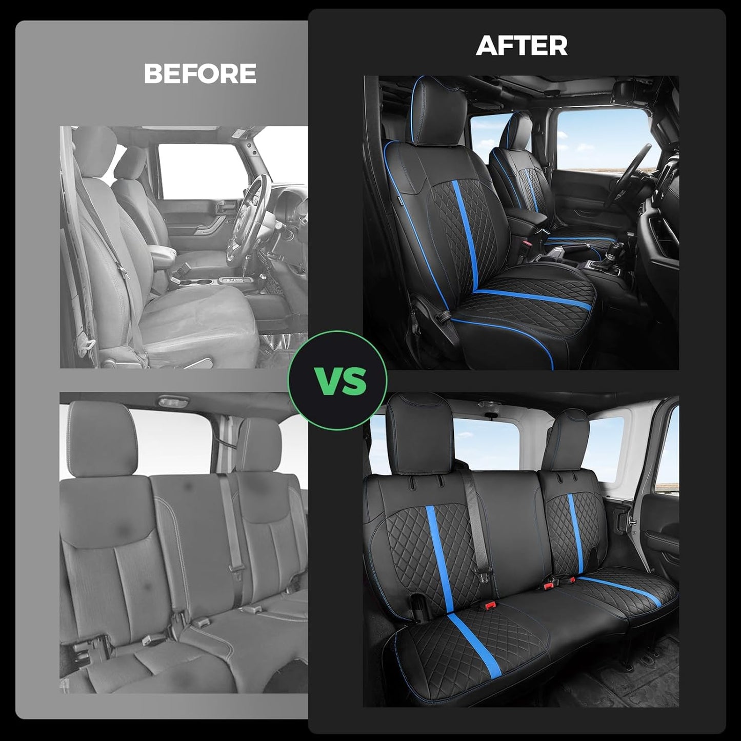 for Jeep Wrangler Seat Covers 4Door JK 2013 2014 2015 2016 2017, Custom Car Seat Cover Full Set, Luxury Leather Seat Protectors, Waterproof SUV Interior Cushions Accessories, Black Blue Trim