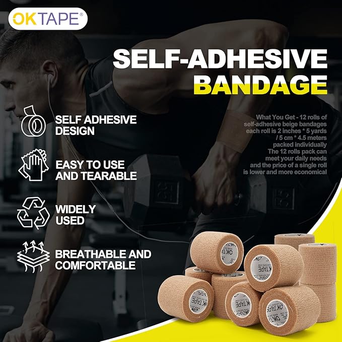 OK TAPE 12 Rolls Self Adhesive Bandage Wrap, Elastic Athletic Tape, Self Stick Bandage Tape, Vet Wrap, Medical Wrap for Wrist, Feet, 2" x 5 Yards - Beige