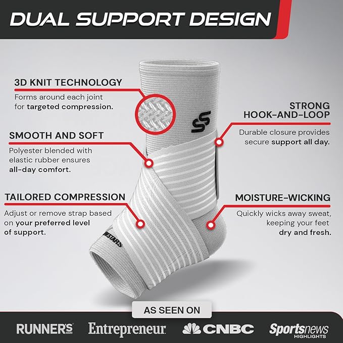 Sleeve Stars Ankle Brace for Women & Men, Ankle Wrap for Sprain, Compression Sleeve for Plantar Fasciitis Relief, Easy Customizable Support: w/ Removable Strap (Single/M:10"-12"/White)