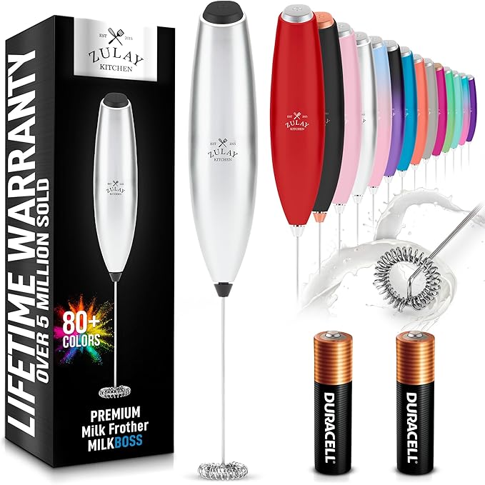Zulay Kitchen Handheld Milk Frother with Duracell AA Batteries – Ultra Fast Electric Mixer & Foam Maker, Easy-Clean Drink Mixer for Coffee & More
