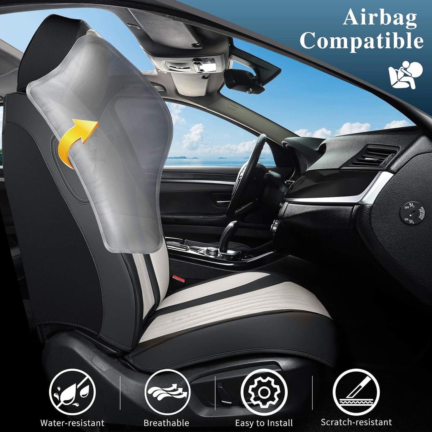 Car Seat Covers Full Set, Leather Seat Covers for Cars, Car Seat Protector Waterproof, Non-Slip Car Interior Covers Fit for Most Cars, SUV, Vans, Trucks,5Seaters,Full Set,Black-White