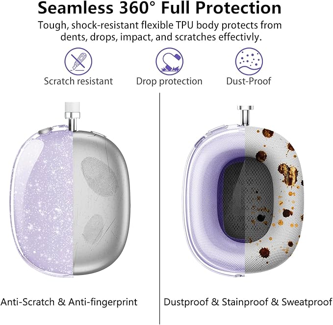 for AirPods Max Case Clear Glitter,3 in 1 Clear Soft TPU Ear Cups Case Cover/Ear Pad Case Cover/Headband Cover for Airpods Max Case Cover,Case for AirPod Max Headphone Accessories-Purple