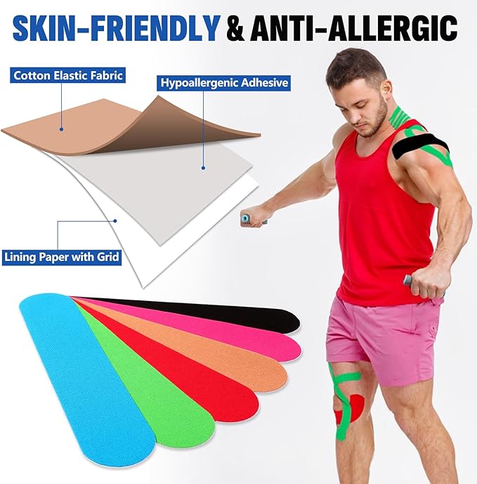 60PCS Precut Kinesiology Tape Strips, 6 Colors 2 inch x 10 inch Cotton Athletic Tape, Kinetic Tape, Elastic Muscle Tape, Sports Tape, Knee Tape for Exercise and Daily Use