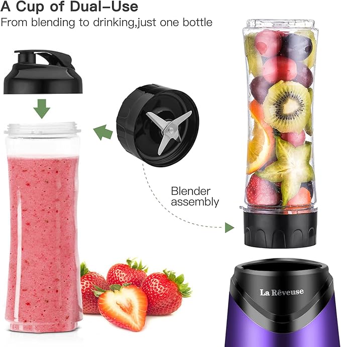 La Reveuse Smoothie Blender Personal Size 300 Watts with 2 Pieces 18 oz BPA-free Travel Sports Bottles,Purple