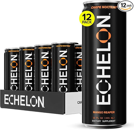 Echelon Pre-Workout Energy Drink - 12-Pack, Mango Reaper - Peak Performance, Sustained Energy, Focus and Endurance Dietary Supplement - 300mg of Caffeine, Beta-Alanine, L-Theanine & Fiber - Vegan