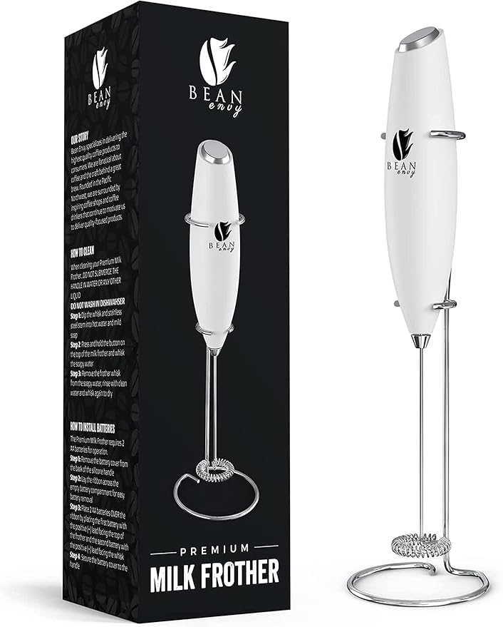 Bean Envy Milk Frother Handheld for Coffee - Electric Hand Blender, Mini Drink Mixer Whisk & Coffee Foamer Wand with Stand for Lattes, Cappuccino, Matcha and Hot Chocolate - Kitchen Gifts - White