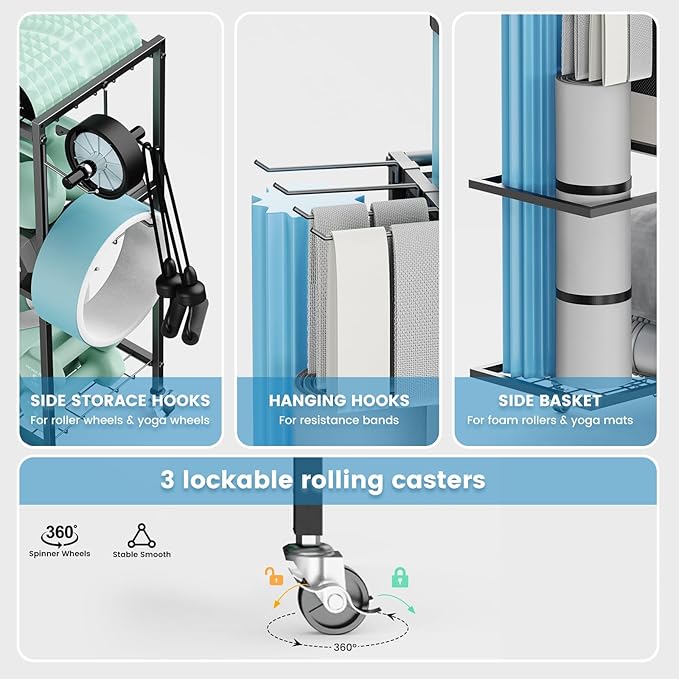 Yoga Mat Storage Rack,Home Gym Storage Rack Gym Workout Equipment Storage Organizer Fitness Weight Rack on Wheels for Yoga Mat,Yoga Block,Foam Roller,Resistance Band,Dumbbell,Kettlebell and Other Workout Accessories