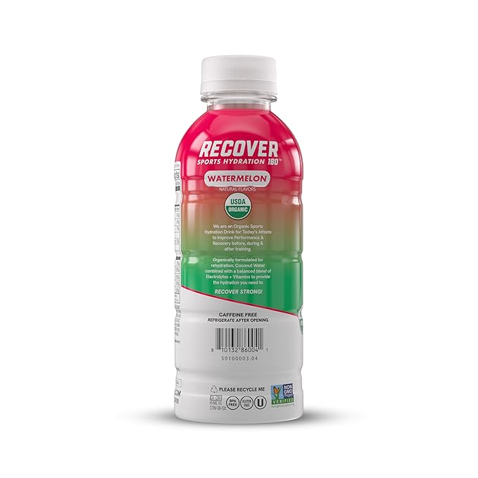 RECOVER 180 Organic Sports Hydration Drink, No Sugar Added, 20 Calorie Sports Beverage, Organic Flavors With Vitamins, Potassium-Packed Electrolytes (16.9 Fl Oz (Pack of 12), Watermelon)