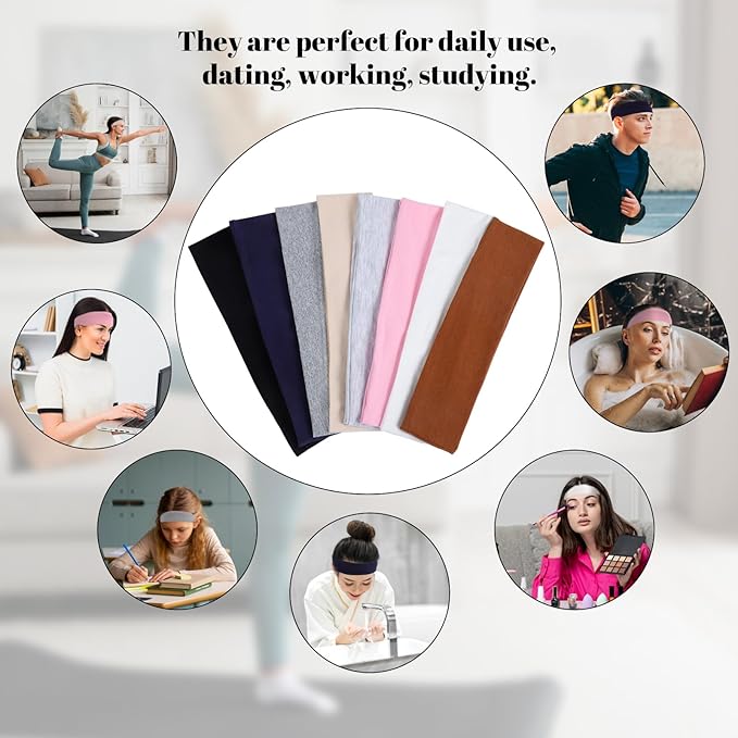 8 Pack Headbands for Women, Sweat Absorbing Sport Headbands Non Slip Cotton Hair Bands for Daily Life Workout Yoga Running