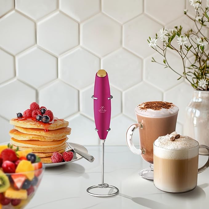 Zulay Kitchen Powerful Milk Frother Wand - Ultra Fast Handheld Drink Mixer - Electric Whisk Foam Maker for Coffee, Lattes, Cappuccino, Frappe, Matcha & Coffee Creamer - Milk Boss Pink & Gold
