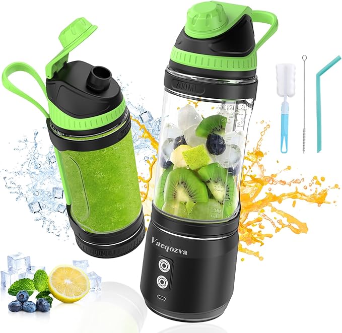 Portable Blender for Shakes and Smoothies, 24oz Travel Blender 300Watt on the Go Blender USB Rechargeable Personal Blender with a Travel Lid & BPA Free Bottle(Green Cap Black Body)