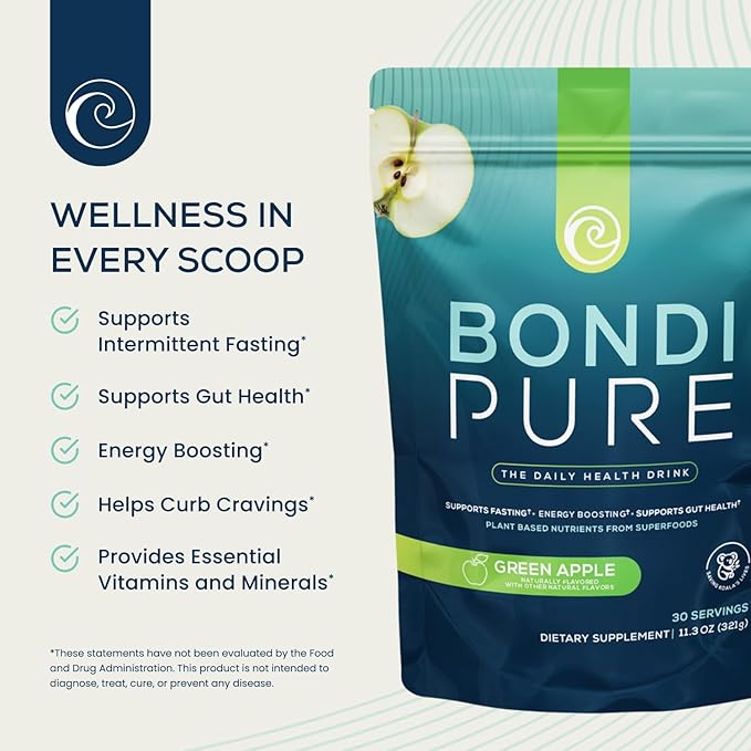 Bondi Pure - Daily Health & Detox Drink - Promote Gut Health & Energy Support During a Cleanse or Intermittent Fasting - Plant-Based Fibers, Alkalizing Super Greens - Green Apple (30 Servings)