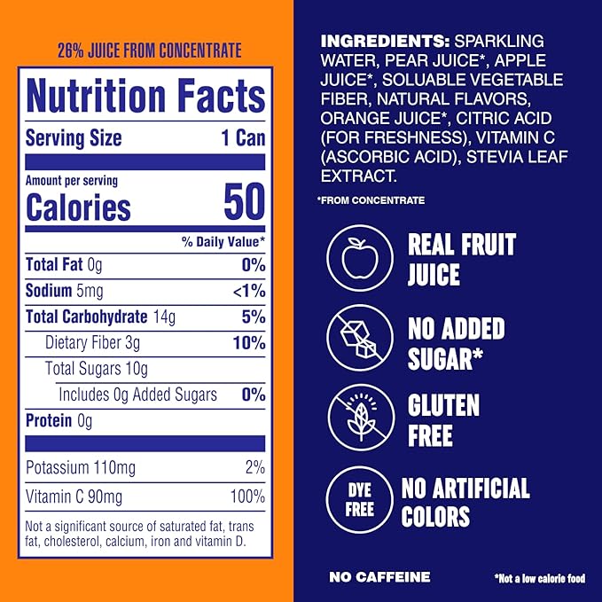 PLEZi FiZZ Orange Mango Sparkling Juice - Healthy Soda Alternative with Real Fruit Juice, No Added Sugar - Low Sugar Sparkling Drink - Good Source of Fiber, 12 Fl Oz (12 Pack)