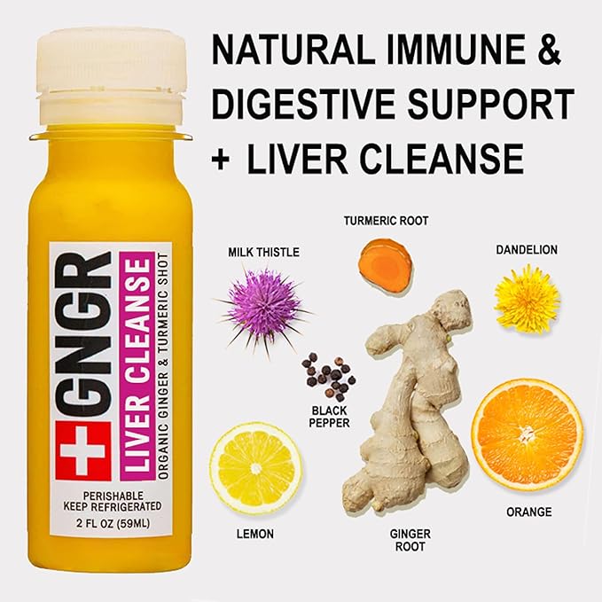 '+GNGR Liver Cleanse Shot, Cold-Pressed Ginger Shot with Milk Thistle, Dandelion Root, Turmeric Root, Immunity Shot for all natural Liver Support, Detox, Immunity, Digestion, Cleanse (2 Oz, Pack of 12)