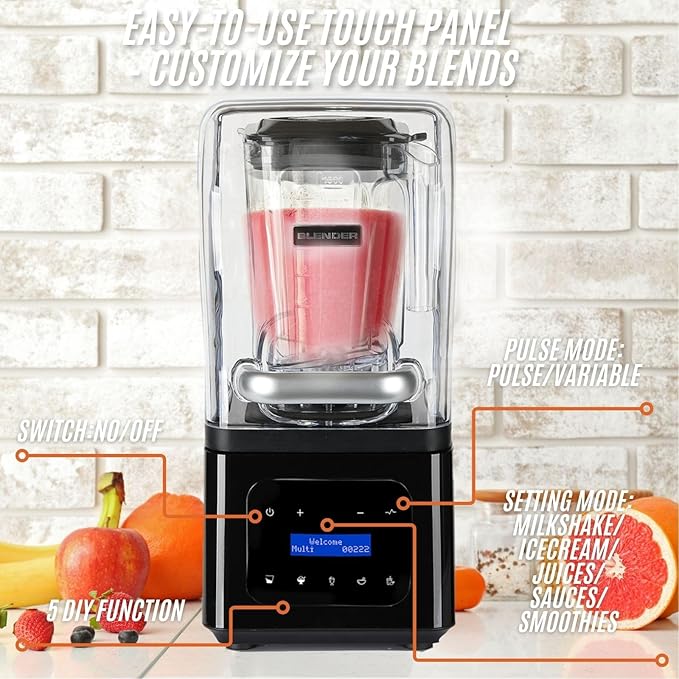 Countertop Commericial Blender, 1700W Motor, 61oz, Self-Cleaning, Noise Reduction, High-Speed, Quiet Performance Blender for Smoothies, Soups, Shakes, and Commercial Use