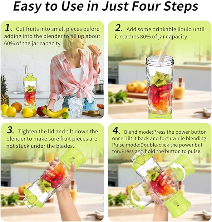 Portable Blender for Shakes and Smoothies With 20 Oz Travel Cup and Lid, Mini Personal Size With 6 Blades, USB Rechargeable for Gym, Kitchen and Outdoors (Yellow)