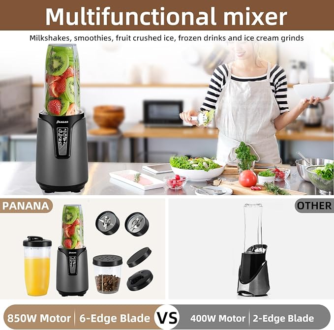 Panana Blender for Smoothies, 850W Portable Personal Blender and Grinder Combo with 2x20oz Portable Smoothie Cups with To-Go Lids 6.8oz Coffee Cup,Stainless Steel