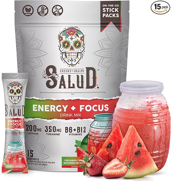 Salud 2-in-1 Energy Drink Powder + Focus, Strawberry Watermelon, Organic Caffeine, B6 + B12, Theanine, Clean Energy Drink Packets, Fresandia Agua Fresca Mix, Non-GMO, Gluten Free, Vegan, 1g of Sugar, (15 Servings)