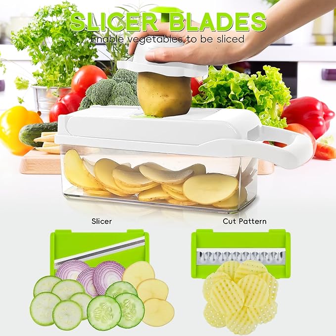 Vegetable Chopper & Spiralizer - Food Chopper with Container | Fruit Slicer, Kitchen Gadget | Dice, Slice, Shred Veggies/Fruits | Perfect for Salads(17-in-1green)