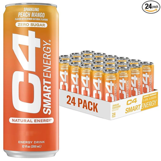 C4 Smart Energy Drink - Sugar Free Performance Fuel & Nootropic Brain Booster, Coffee Substitute or Alternative | Peach Mango Nectar 12 Oz - 24 Pack