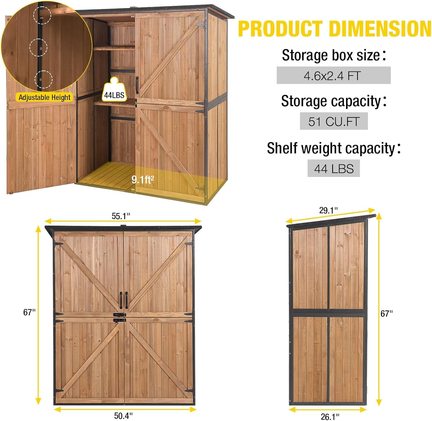 Aivituvin Storage Shed Outdoor Storage Cabinet Upgraded with All Arounded Metal Frame, Wooden Floor and Adjustable Shevels 55" L x 29" W x 67" H, Brown