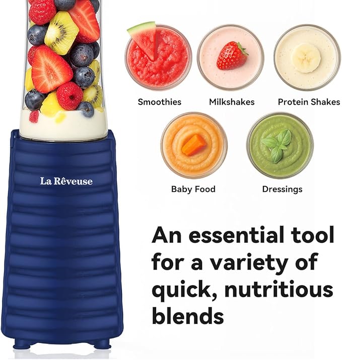 La Reveuse Smoothies Blender Personal Size 300 Watts with 18 oz BPA-Free Portable Travel Sports Bottle,Navy