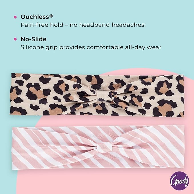 Goody Low-Profile Head Wraps, 2 Ct, Cheetah & Stripe, Damage-Free Hold, All-Day Comfort, Soft & Stretchy Head Wraps for Women & Men, Secure Grip Bandeau Headwear for All Occasions, For Fine Hair