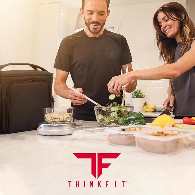 ThinkFit Large Black Meal Prep Lunch Bag, 8 Portion Control Containers, Pill Dispenser, Shaker Cup & 2 XL Reusable Ice Packs
