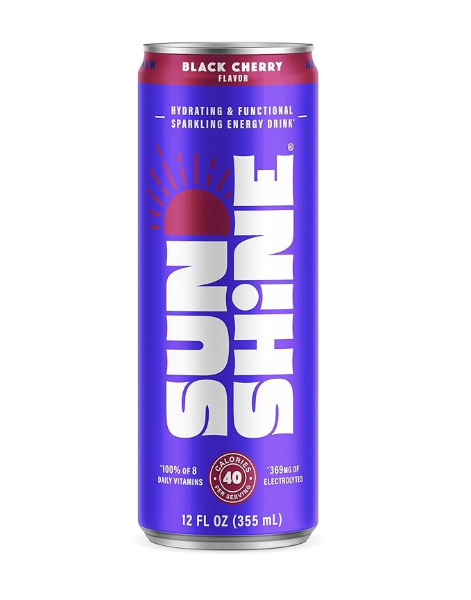 Sunshine Sparkling Energy Drink, Black Cherry with Daily Essential Vitamins, 360mg of Electrolytes, 70mg of Natural Caffeine, 12 Fl Oz (Pack of 12)