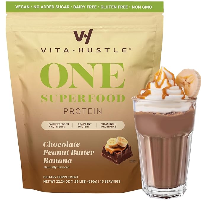 VitaHustle ONE Meal Replacement Shake - Plant Based Protein Powder by Kevin Hart - Vegan, Meal Replacement Powder with Superfoods, Vitamins, Adaptogens & Probiotics -Choc Peanut Butter Banana Flavor, 15 Servings