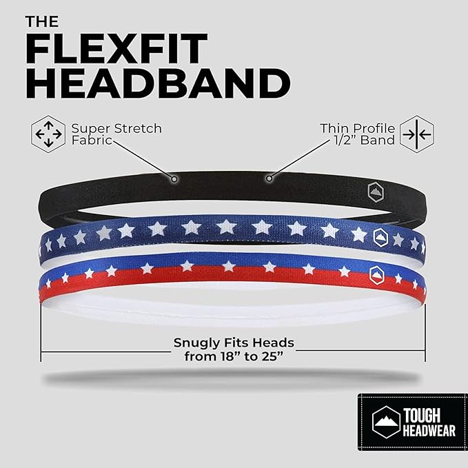 Tough Headwear Thin Elastic Headbands, Sports Headbands for Women & Men - Mens Workout Headband - Running or Soccer Headband - 6-Pack