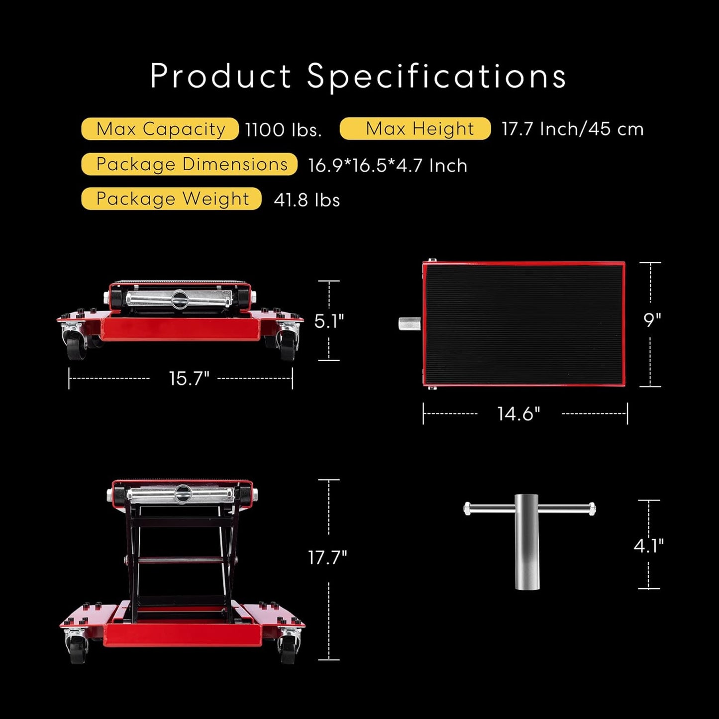 VIVOHOME 1100 Lbs Steel Wide Deck Motorcycle Lift ATV Scissor Lift Jack with Dolly and Hand Crank Bikes Garage Repair Hoist Stand Red