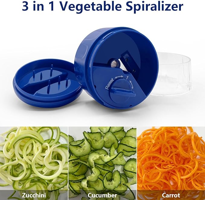 3 in 1 Vegetable Spiralizer Slicer, Adjustable Zucchini Carrot Noodle Maker, Cucumber Spiral Cutter, Easy to Use Kitchen Tool(Blue)