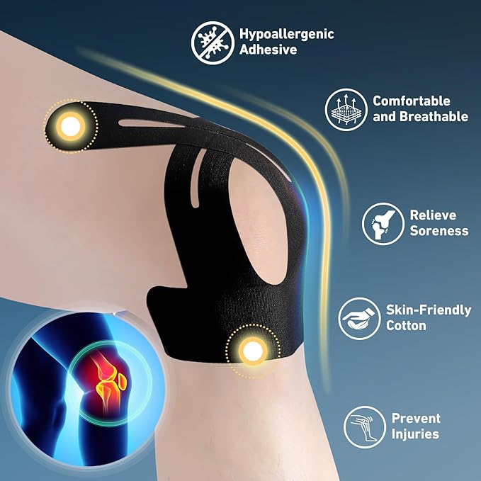 Kinesiology Tape for Knees Pre Cut, 12 PCS Upgrade KTQUICK Knee Tape For Knee Pain Relief Pre Cut, Original Cotton Knee Tape, Flexible & Durable Sports Tape for Support & Comfort During Workouts,Black