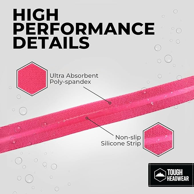 Tough Headwear Thin Elastic Headbands, Sports Headbands for Women & Men - Mens Workout Headband - Running or Soccer Headband - 6-Pack