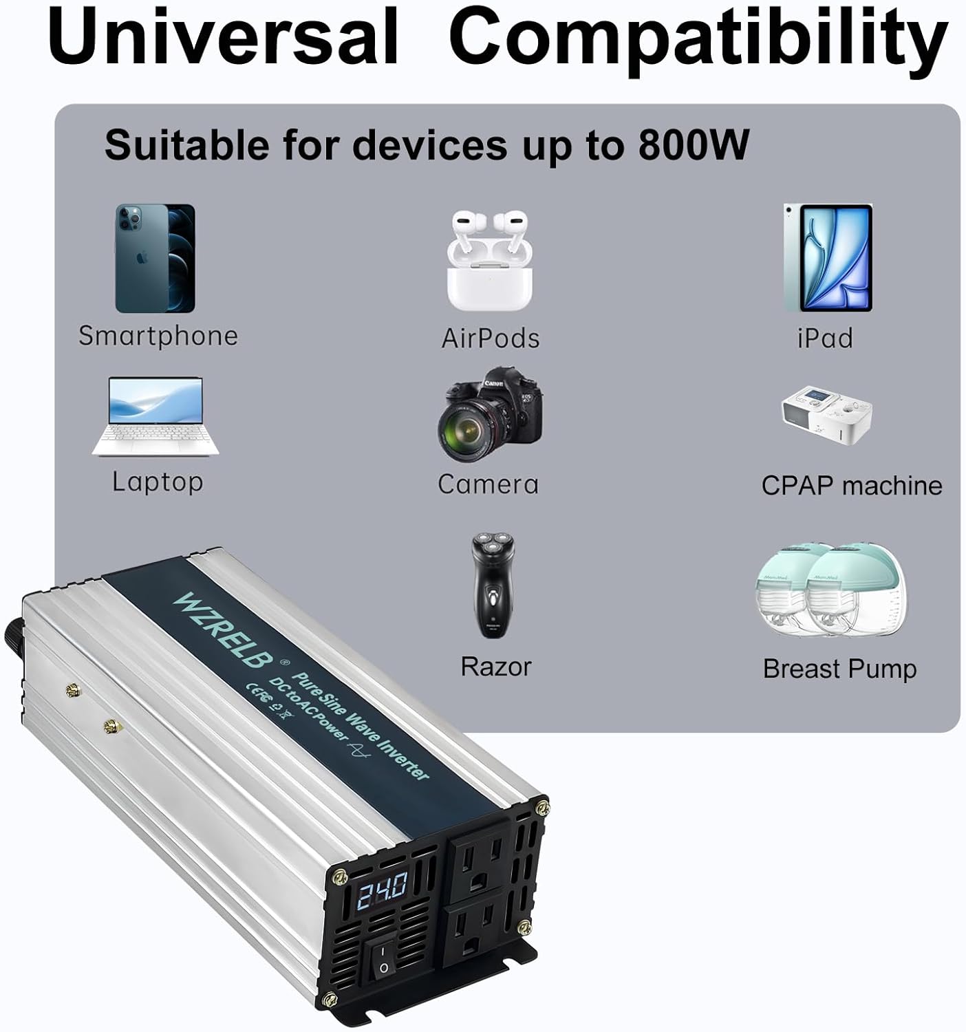 WZRELB 800W Pure Sine Wave Inverter 24V DC to 110V 120V AC Power Converter with LED Display, Off-Grid Portable Power Inverter with 2 AC Outlets for Home, RV, Truck, Camping