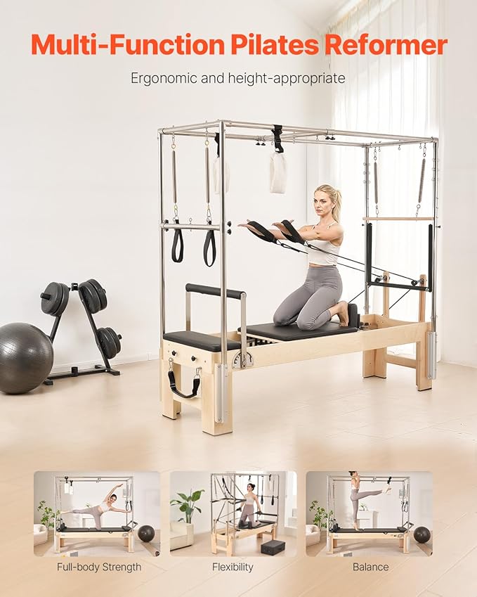 VEVOR Pilates Reformer Machine, Pilates Workout Equipment for Home Gym Studio Use, Pilates Bed with Dual Resistance- Spring & Cord, Reformer Set, Up to 400 LBS