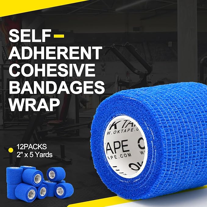 OK TAPE 12 Rolls Self Adhesive Bandage Wrap, Elastic Athletic Tape, Self Stick Bandage Tape, Vet Wrap, Medical Wrap for Wrist, Feet, 2" x 5 Yards - Blue