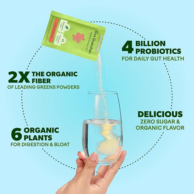 Feel Goods Gut Guardian, Organic Fiber, Probiotic & Prebiotic Powder, Sugar Free, Herbs for Bloat, Gut Health Support, Digestive Health for Men & Women, Non GMO, Vegan, Tropical Mango, 30CT