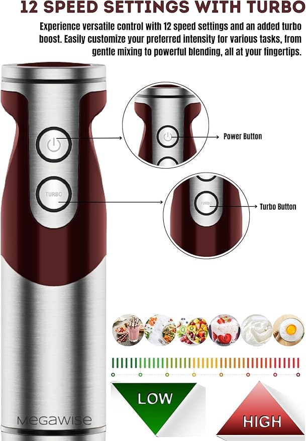 MegaWise Pro Titanium Reinforced 3-in-1 Immersion Corded Hand Blender, Powerful MOTOR with 80% Sharper Blades, 12-Speed Corded Blender, IncludingWhisk and Milk Frother (3-in 1 Red)
