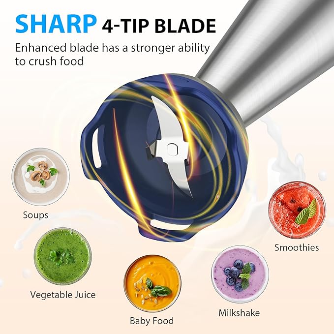 KOIOS Immersion Blender, 1000W Anti-scratch 3-in-1 Hand Blender, Upgraded 12 Speed Stainless Steel Blade Stick Blender with Turbo Mode, Whisk and Milk Frother, Non-BPA, Blue