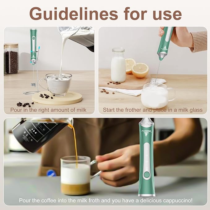 Rechargeable Frother Wand with Stand, Milk Frother with Detachable Stainless Steel Double Rings Whisk, 3-Speed Handheld Electric Drink Mixer for Lattes, Cappuccino, Coffee (Green)