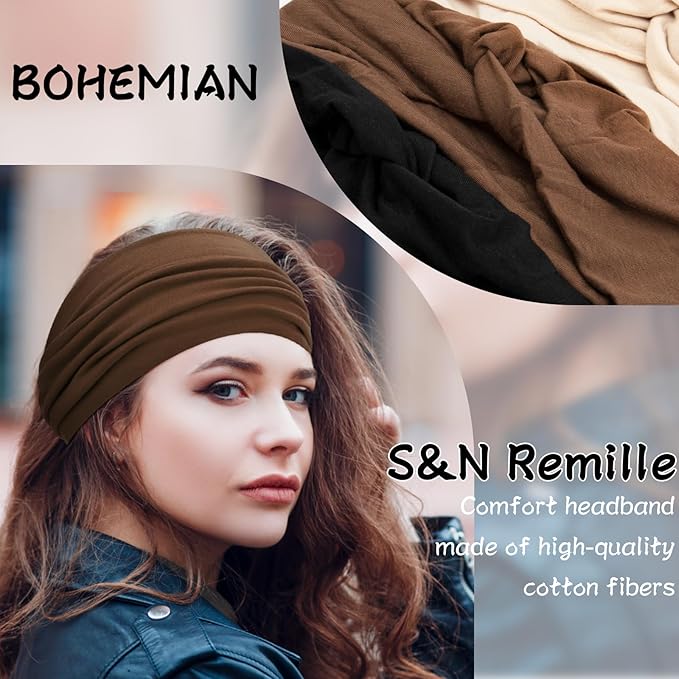 S&N Remille Wide Headbands for Women, Large Hairband, Elastic Non-Slip Headband Twist Knotted Accessories, Yoga Workout Vintage Hair 3 Pack (Colour-8)